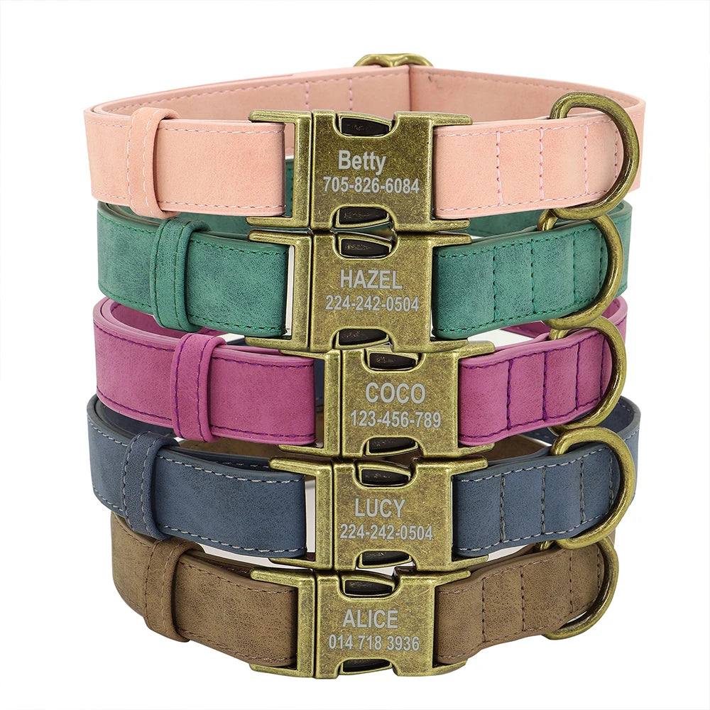 Personalized Leather Dog Collars with Engraved ID Tags