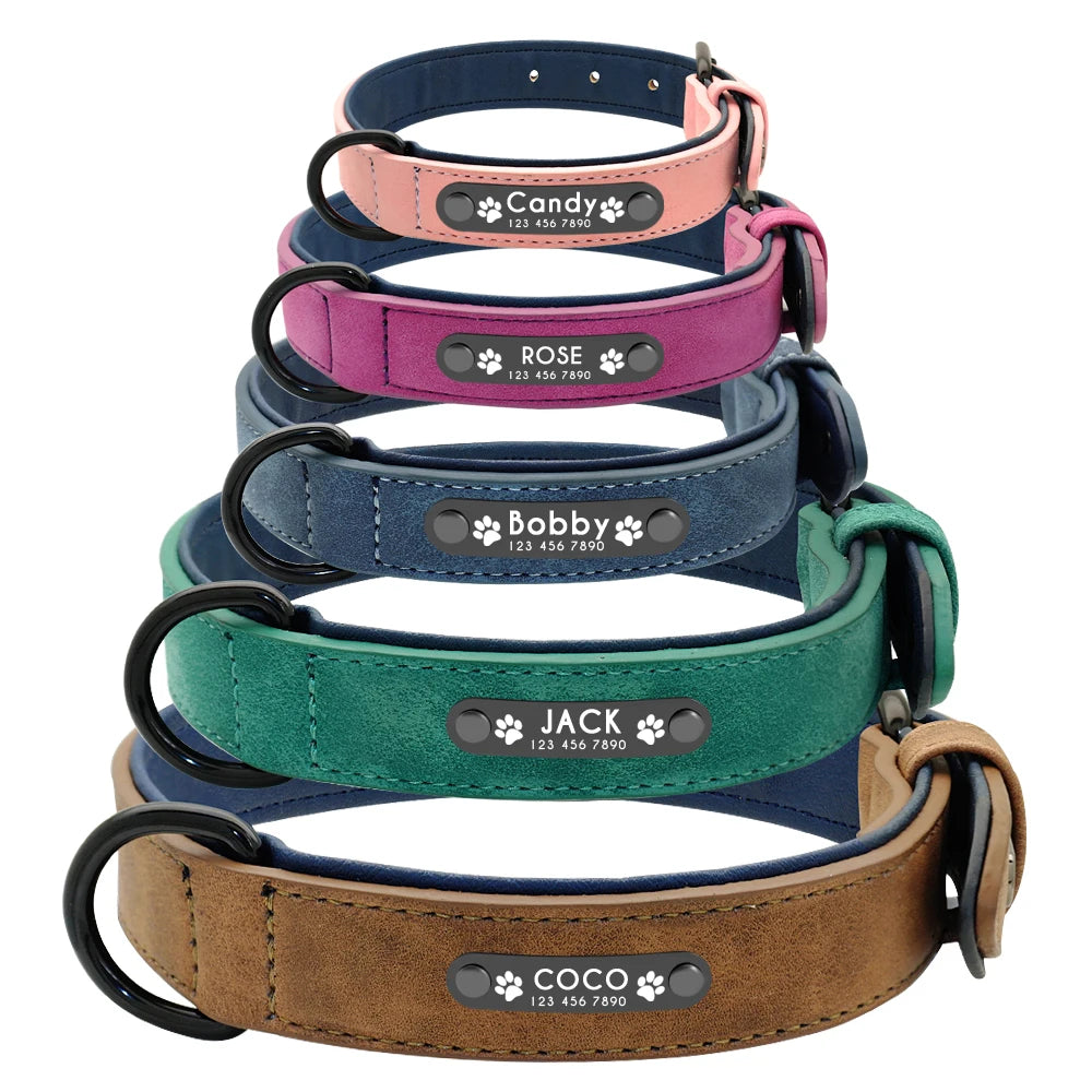 Personalized Leather Dog Collars with Engraved ID Tags